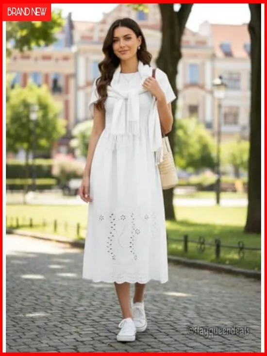 Casual Short Sleeve A Line Eyelet Cotton Maxi Dress with Pockets